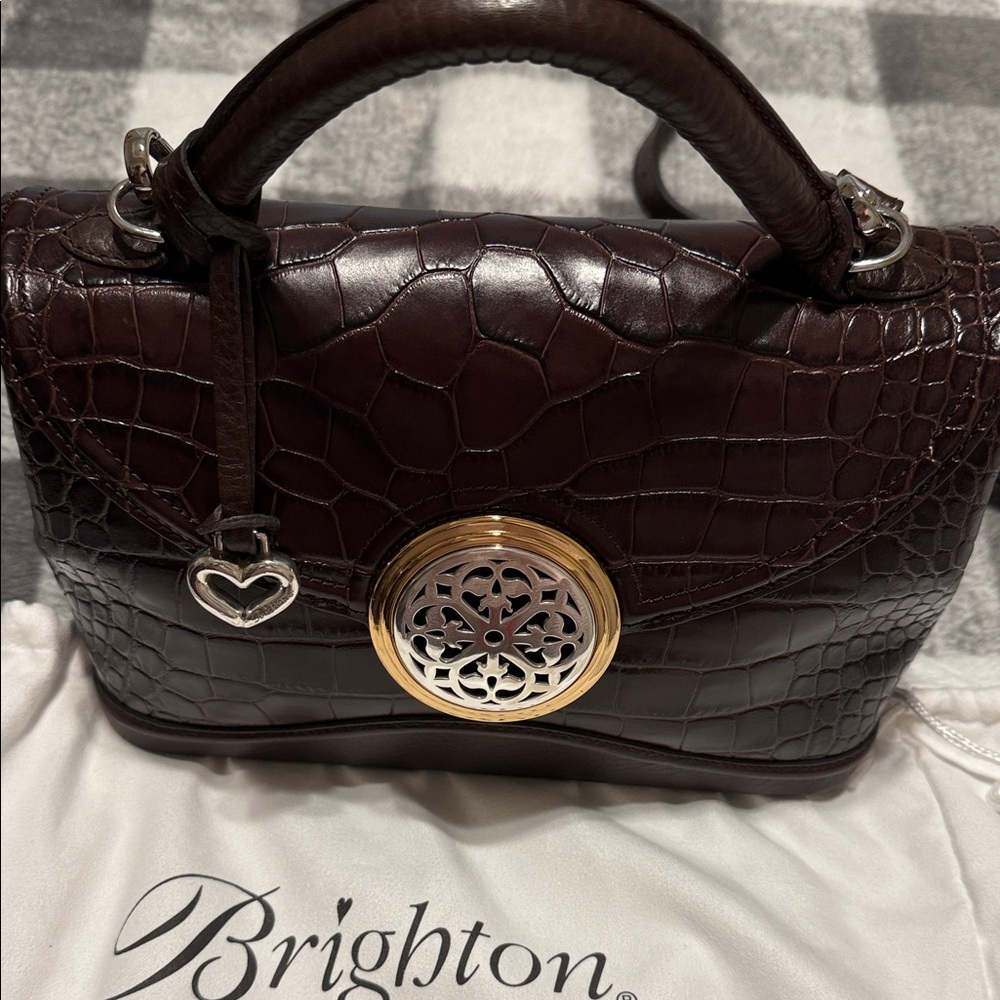 Brighton Dark Brown Croc-Embossed Top Handle Crossbody with Gold Accent